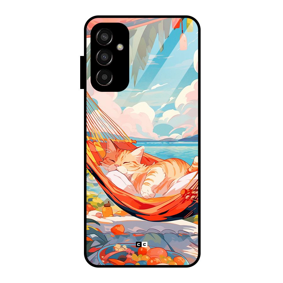 Cute Cat On Beach Glass Back Case for Galaxy F13