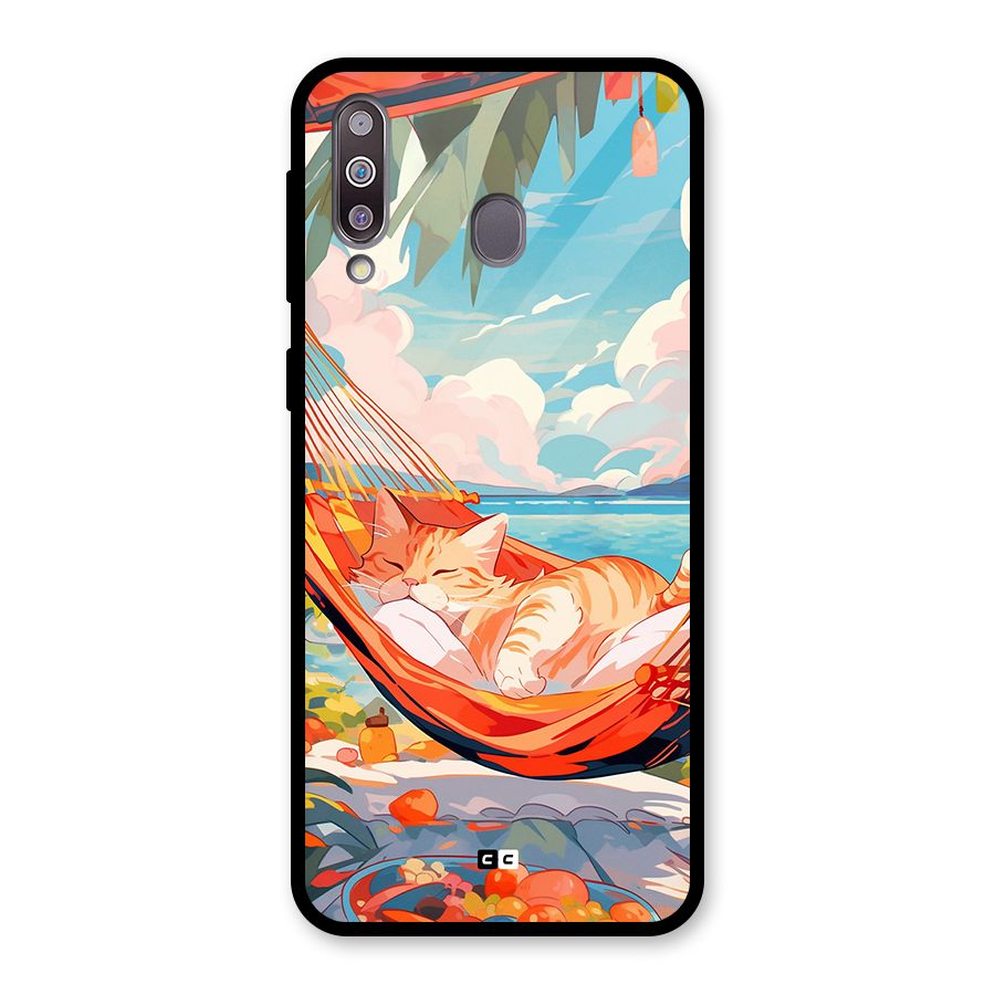 Cute Cat On Beach Glass Back Case for Galaxy M30