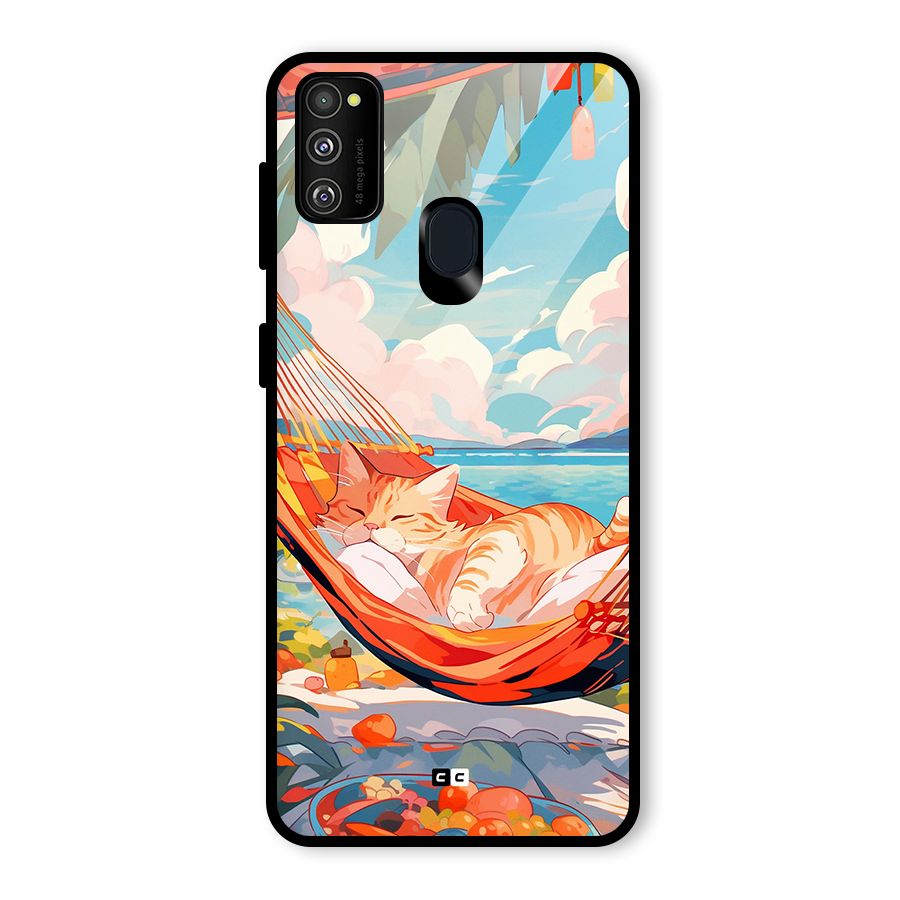 Cute Cat On Beach Glass Back Case for Galaxy M30s