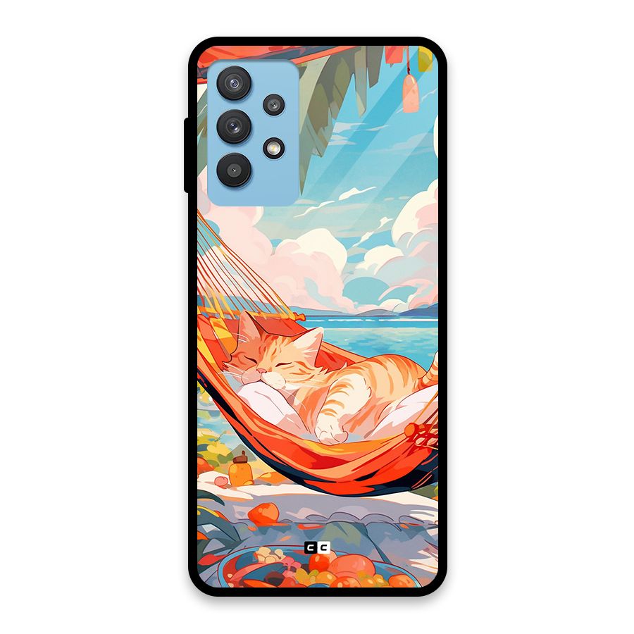 Cute Cat On Beach Glass Back Case for Galaxy M32 5G