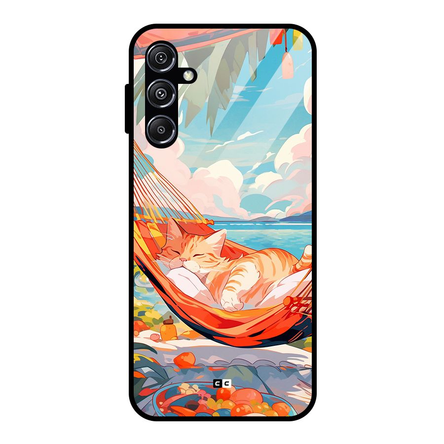 Cute Cat On Beach Glass Back Case for Galaxy M34 5G