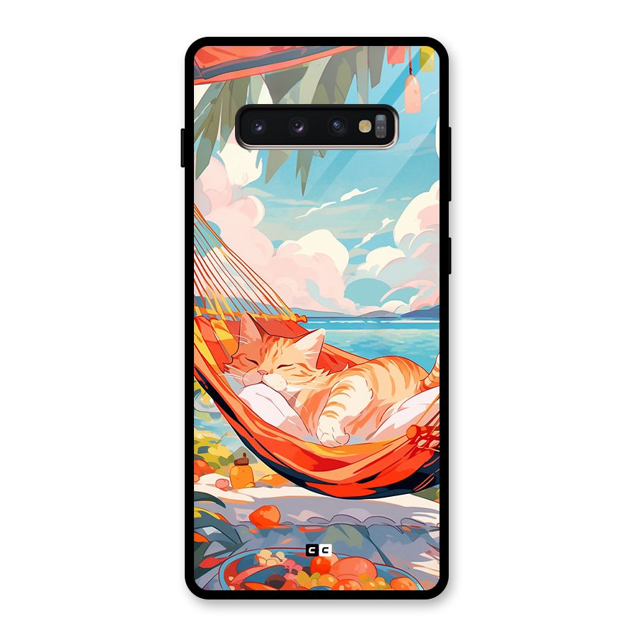 Cute Cat On Beach Glass Back Case for Galaxy S10 Plus