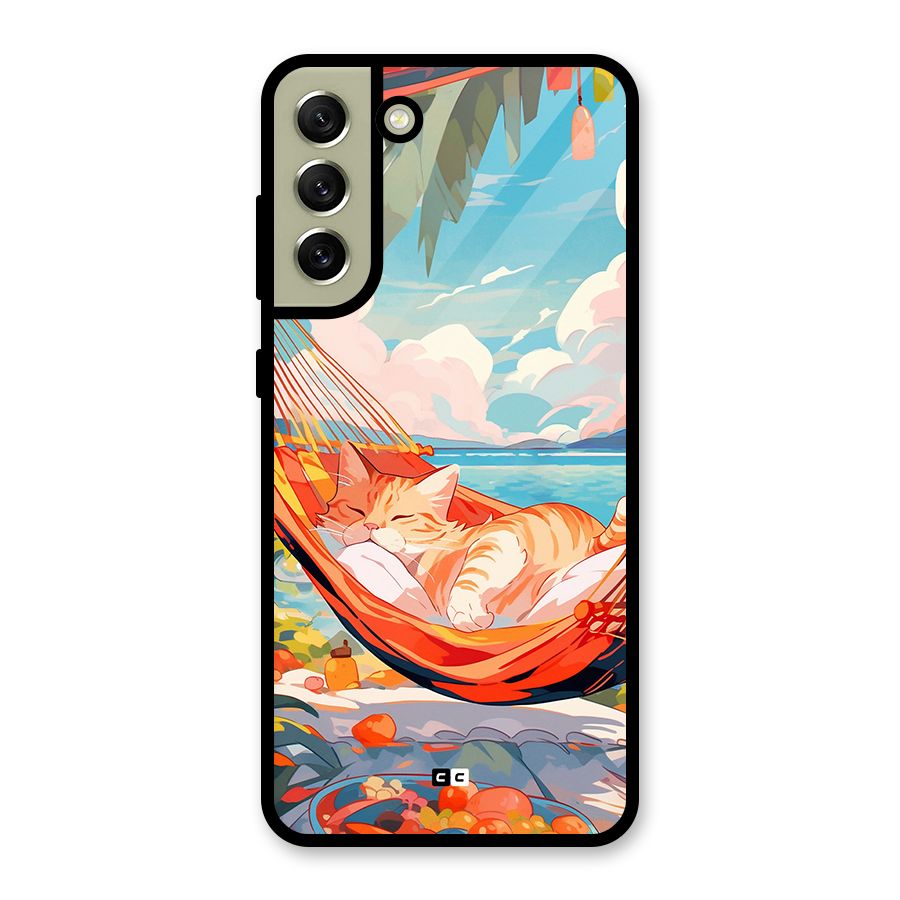 Cute Cat On Beach Glass Back Case for Galaxy S21 FE 5G