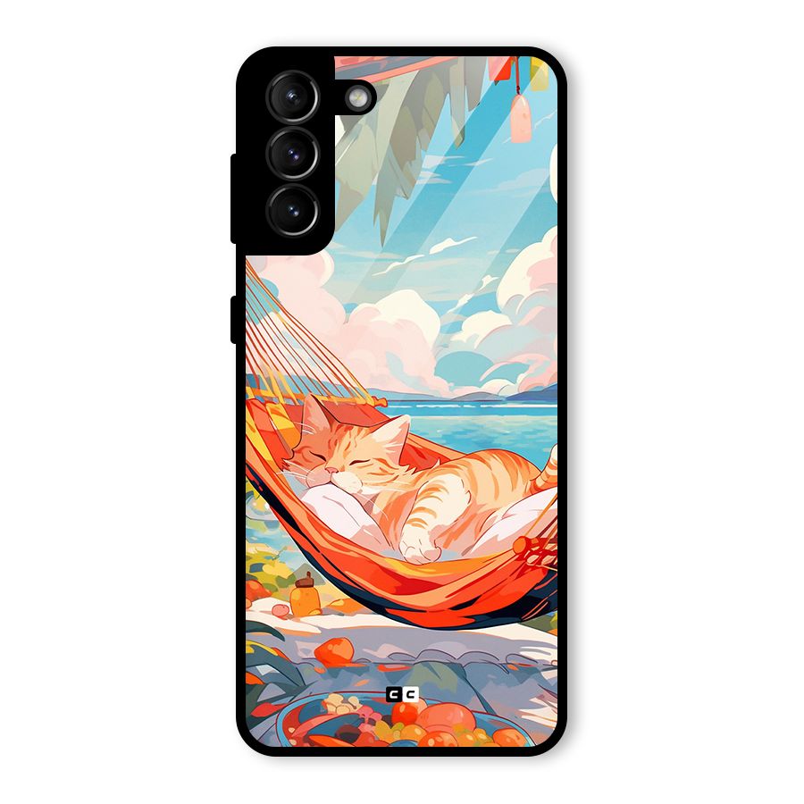 Cute Cat On Beach Glass Back Case for Galaxy S21 Plus