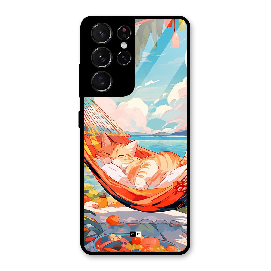 Cute Cat On Beach Glass Back Case for Galaxy S21 Ultra 5G
