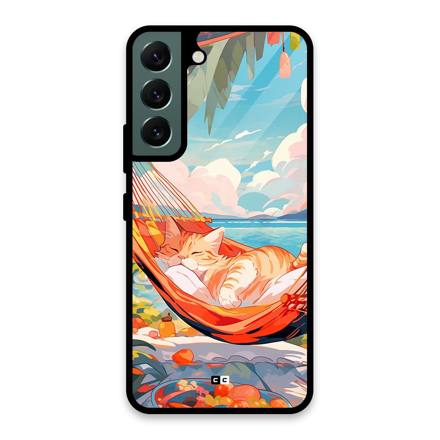 Cute Cat On Beach Glass Back Case for Galaxy S22 5G