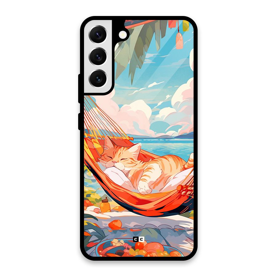 Cute Cat On Beach Glass Back Case for Galaxy S22 Plus 5G