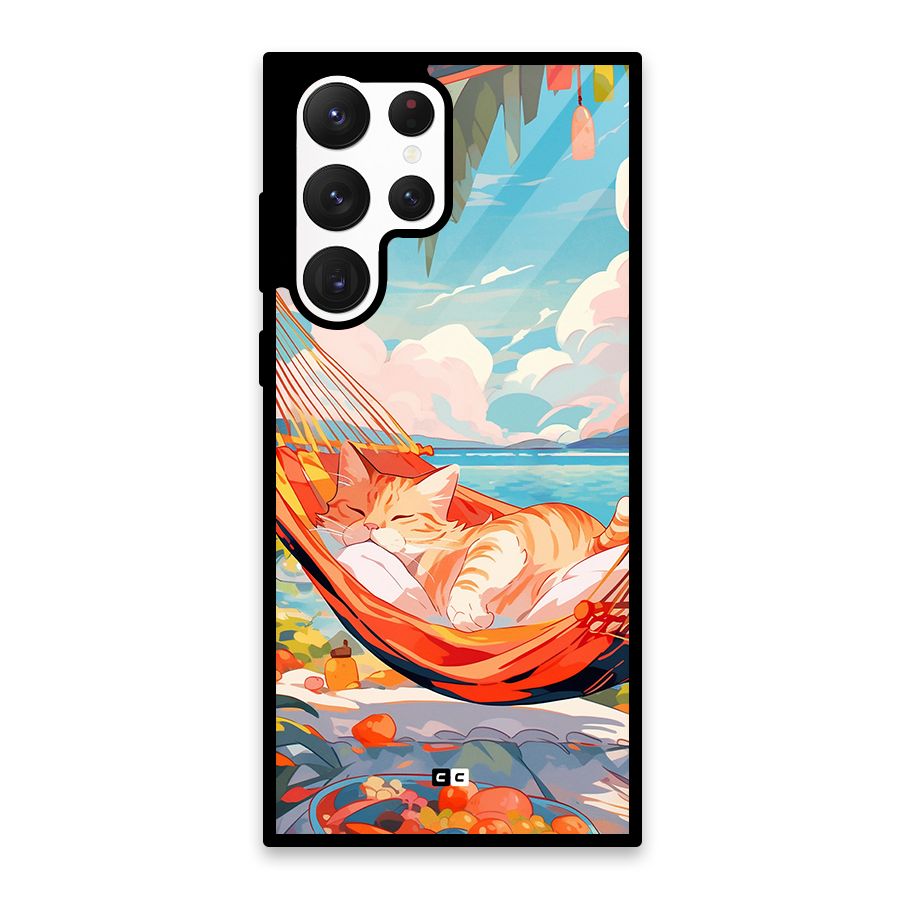 Cute Cat On Beach Glass Back Case for Galaxy S22 Ultra 5G