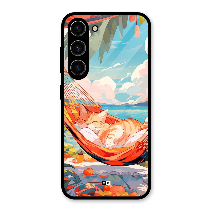 Cute Cat On Beach Glass Back Case for Galaxy S23