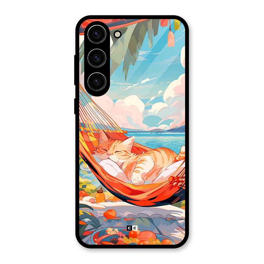 Cute Cat On Beach Glass Back Case for Galaxy S23 Plus