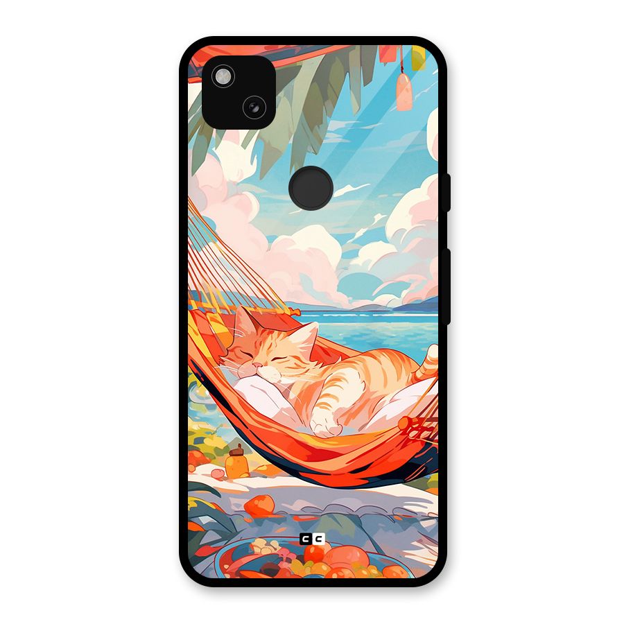 Cute Cat On Beach Glass Back Case for Google Pixel 4a