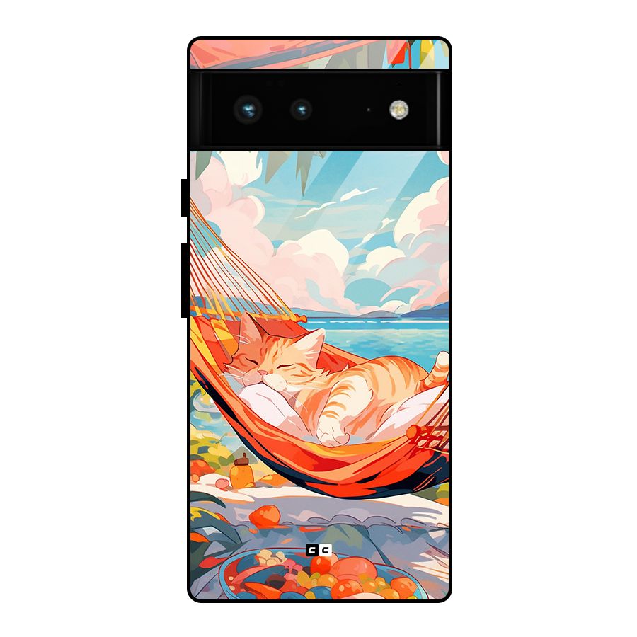 Cute Cat On Beach Glass Back Case for Google Pixel 6