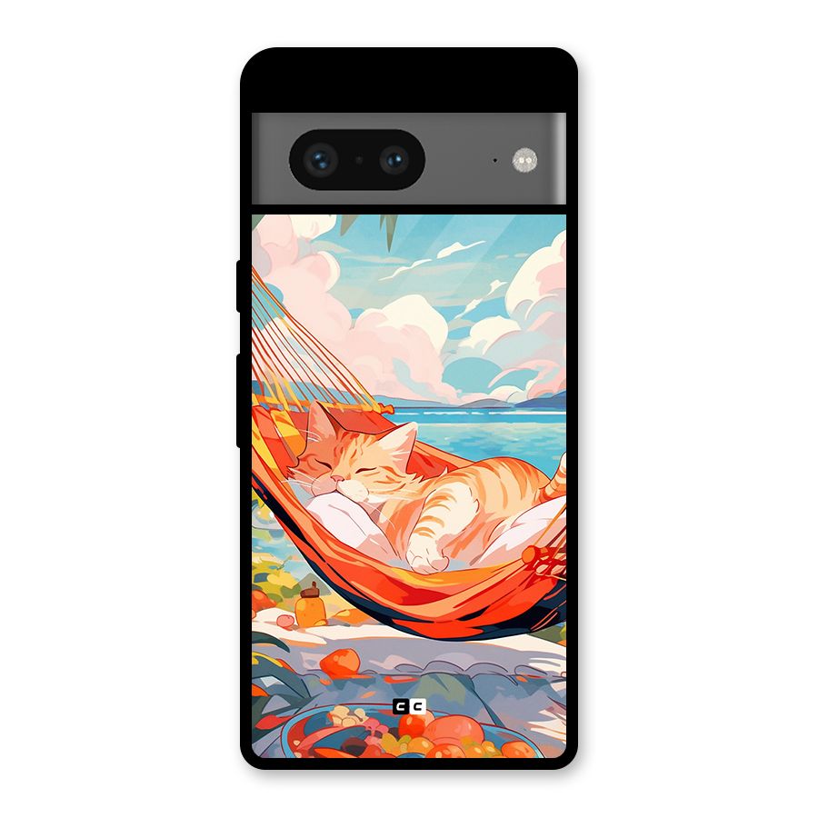 Cute Cat On Beach Glass Back Case for Google Pixel 7