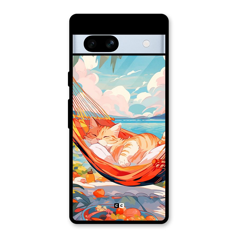 Cute Cat On Beach Glass Back Case for Google Pixel 7a