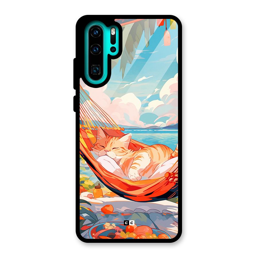Cute Cat On Beach Glass Back Case for Huawei P30 Pro