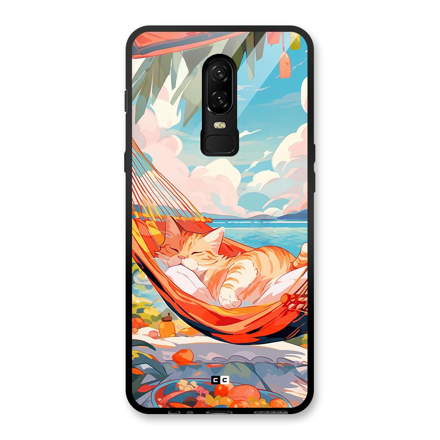 Cute Cat On Beach Glass Back Case for OnePlus 6