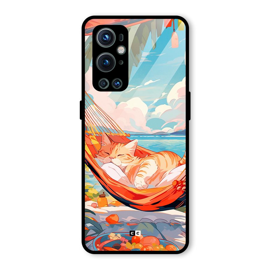 Cute Cat On Beach Glass Back Case for OnePlus 9 Pro