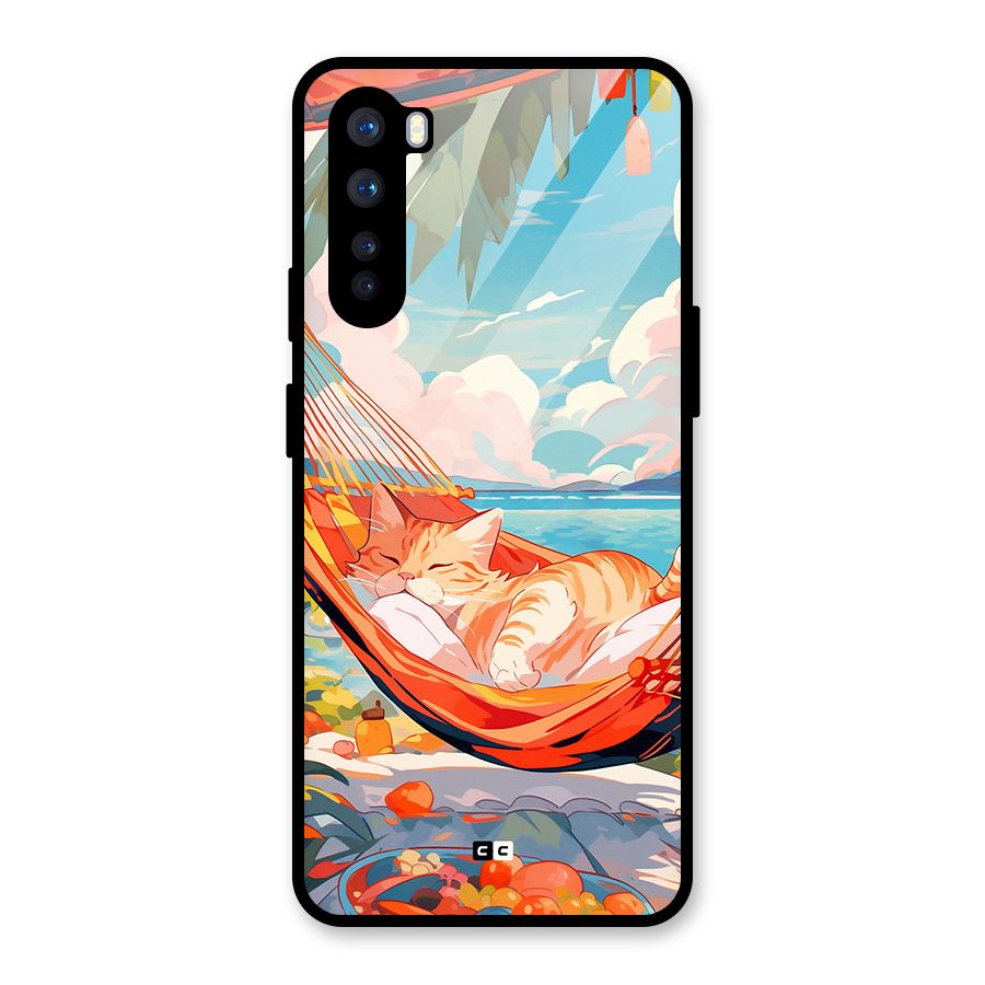 Cute Cat On Beach Glass Back Case for OnePlus Nord
