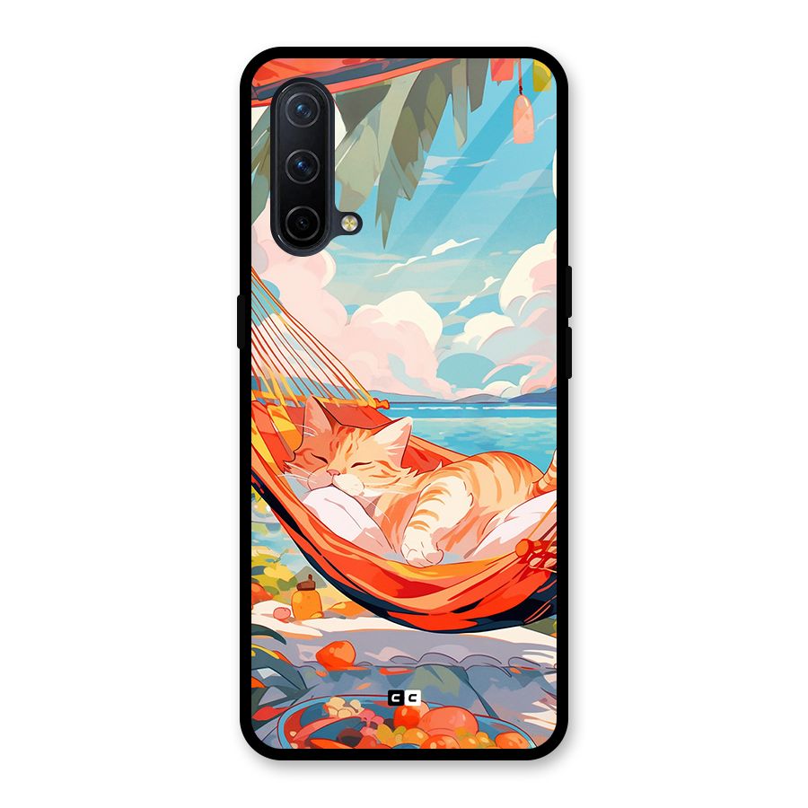 Cute Cat On Beach Glass Back Case for OnePlus Nord CE 5G