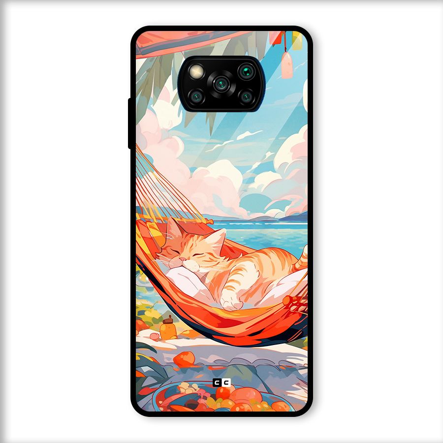 Cute Cat On Beach Glass Back Case for Poco X3