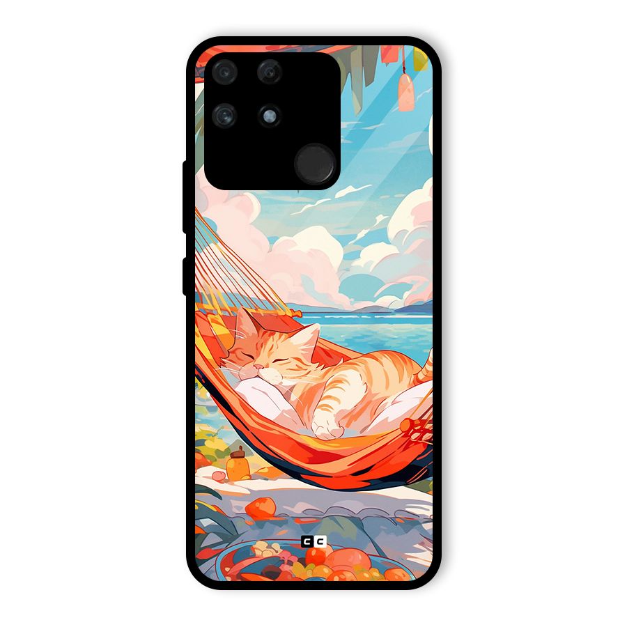 Cute Cat On Beach Glass Back Case for Realme Narzo 50A