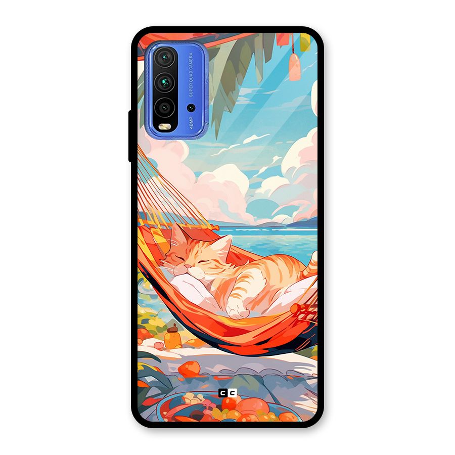 Cute Cat On Beach Glass Back Case for Redmi 9 Power