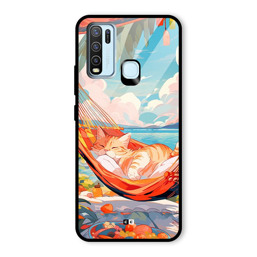 Cute Cat On Beach Glass Back Case for Vivo Y50