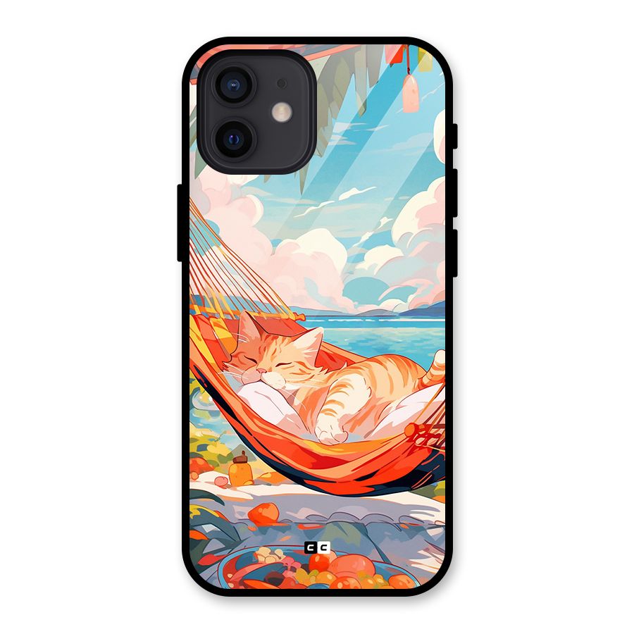 Cute Cat On Beach Glass Back Case for iPhone 12