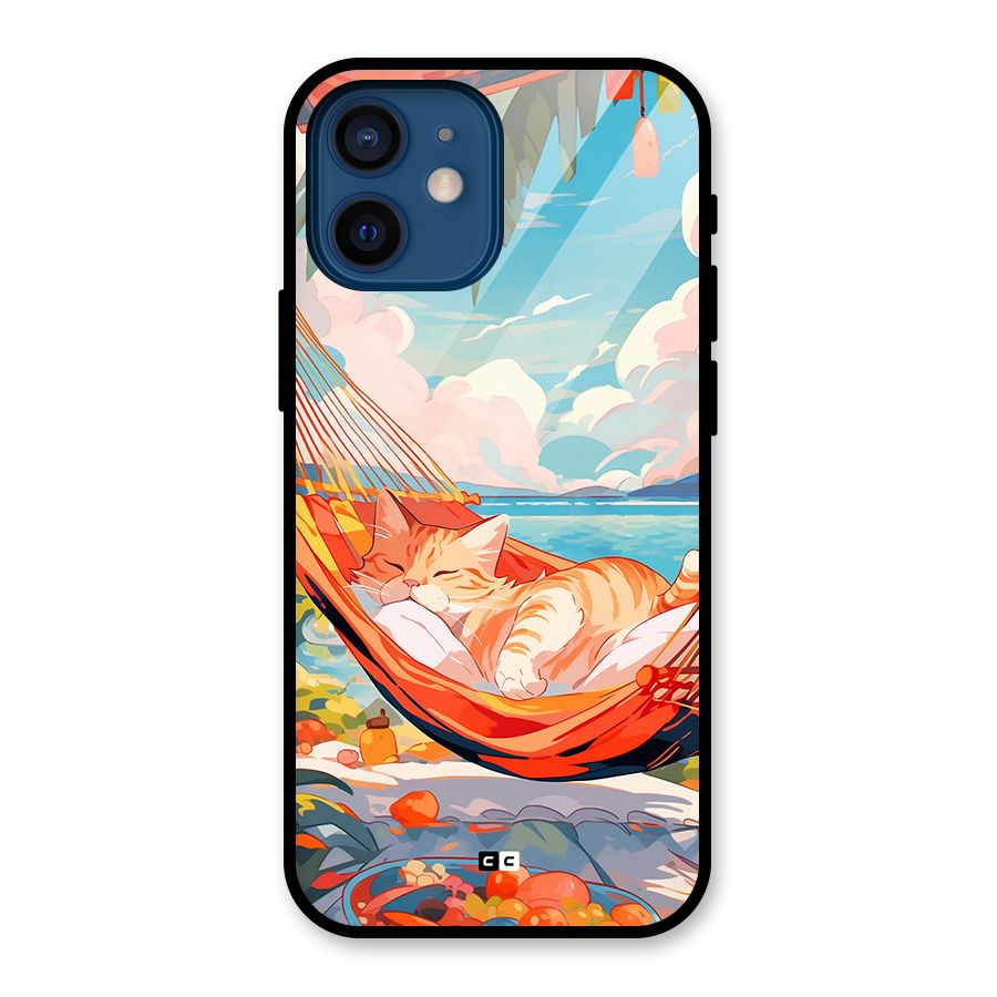Cute Cat On Beach Glass Back Case for iPhone 12 Mini