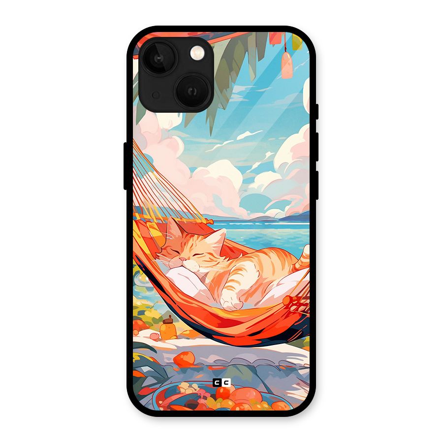 Cute Cat On Beach Glass Back Case for iPhone 13
