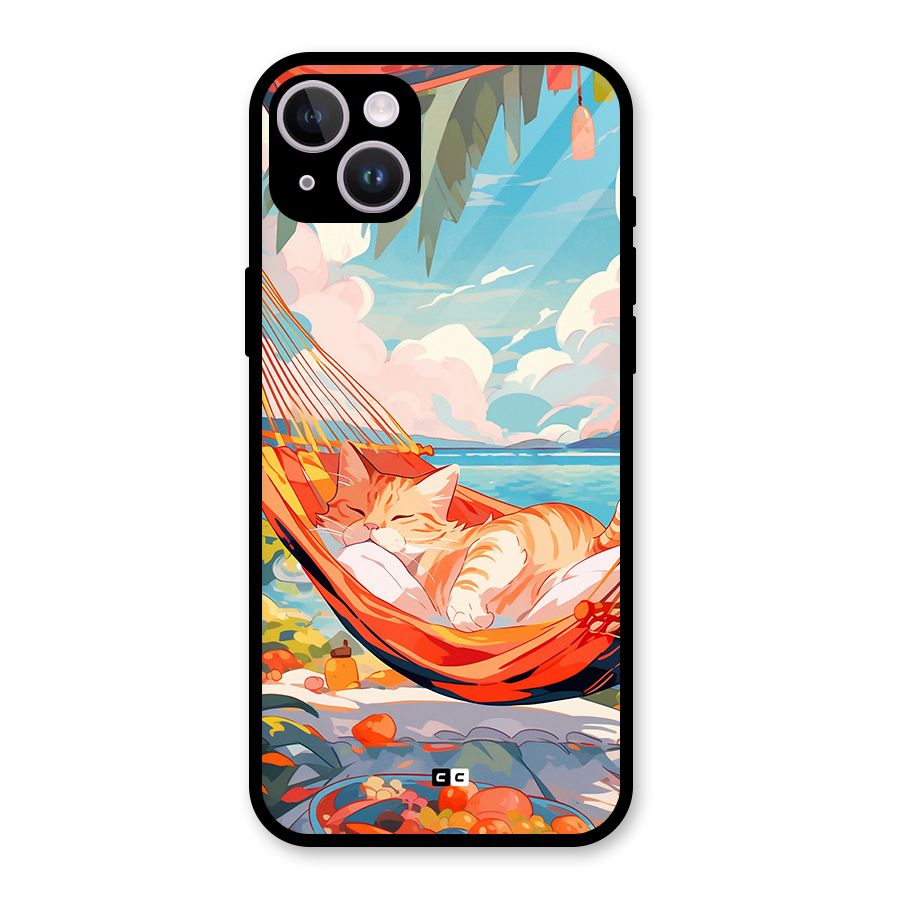 Cute Cat On Beach Glass Back Case for iPhone 14 Plus
