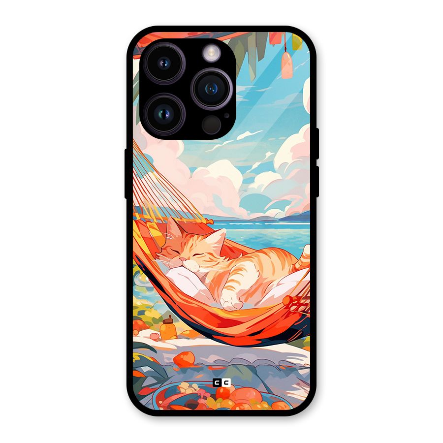 Cute Cat On Beach Glass Back Case for iPhone 14 Pro