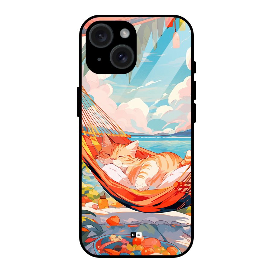 Cute Cat On Beach Glass Back Case for iPhone 15
