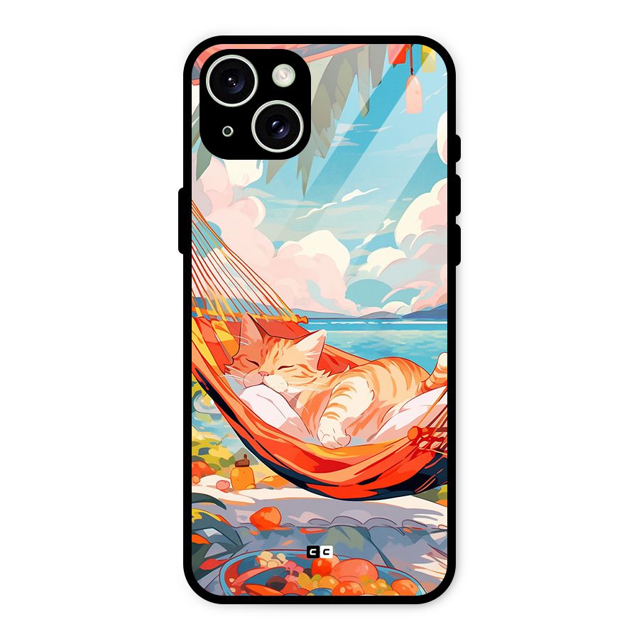 Cute Cat On Beach Glass Back Case for iPhone 15 Plus