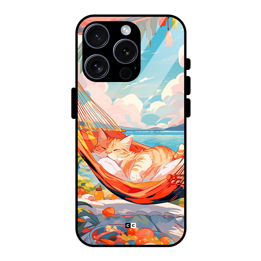 Cute Cat On Beach Glass Back Case for iPhone 15 Pro