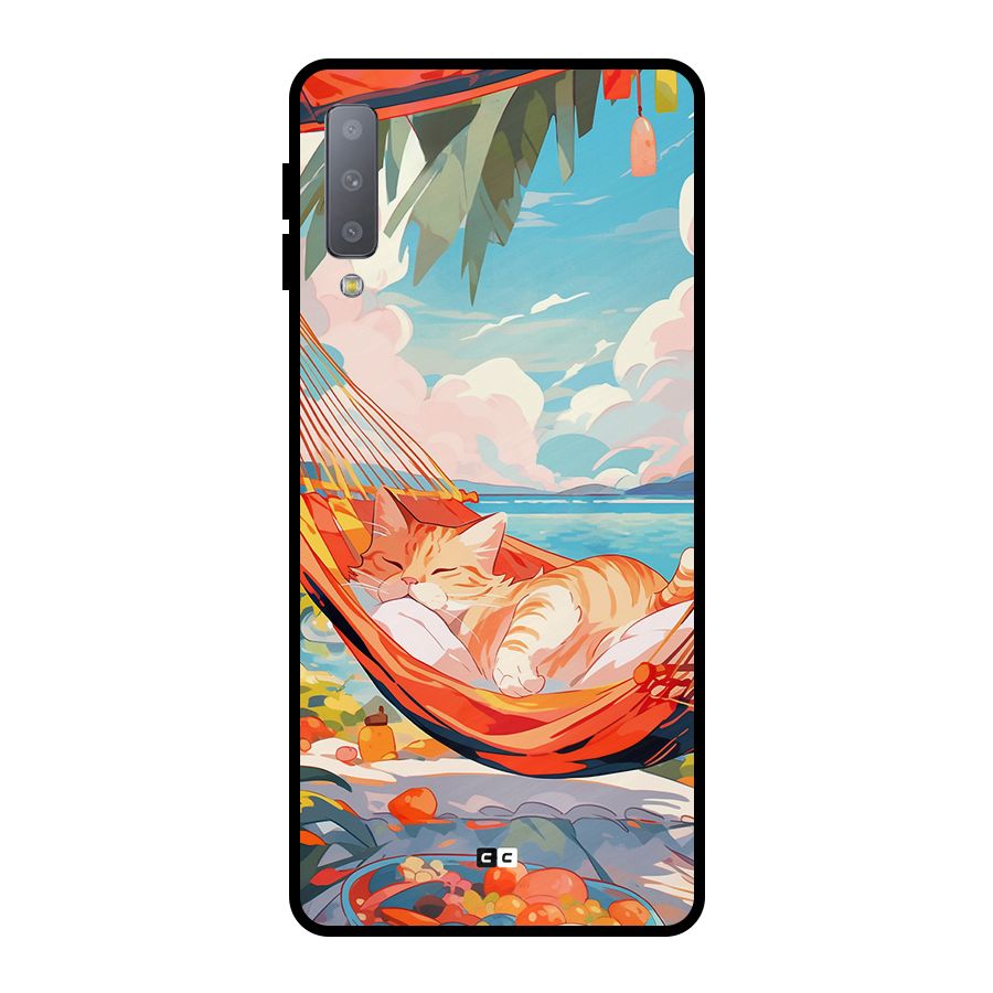 Cute Cat On Beach Metal Back Case for Galaxy A7 (2018)