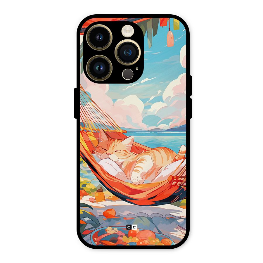 Cute Cat On Beach Metal Back Case for iPhone 14 Pro