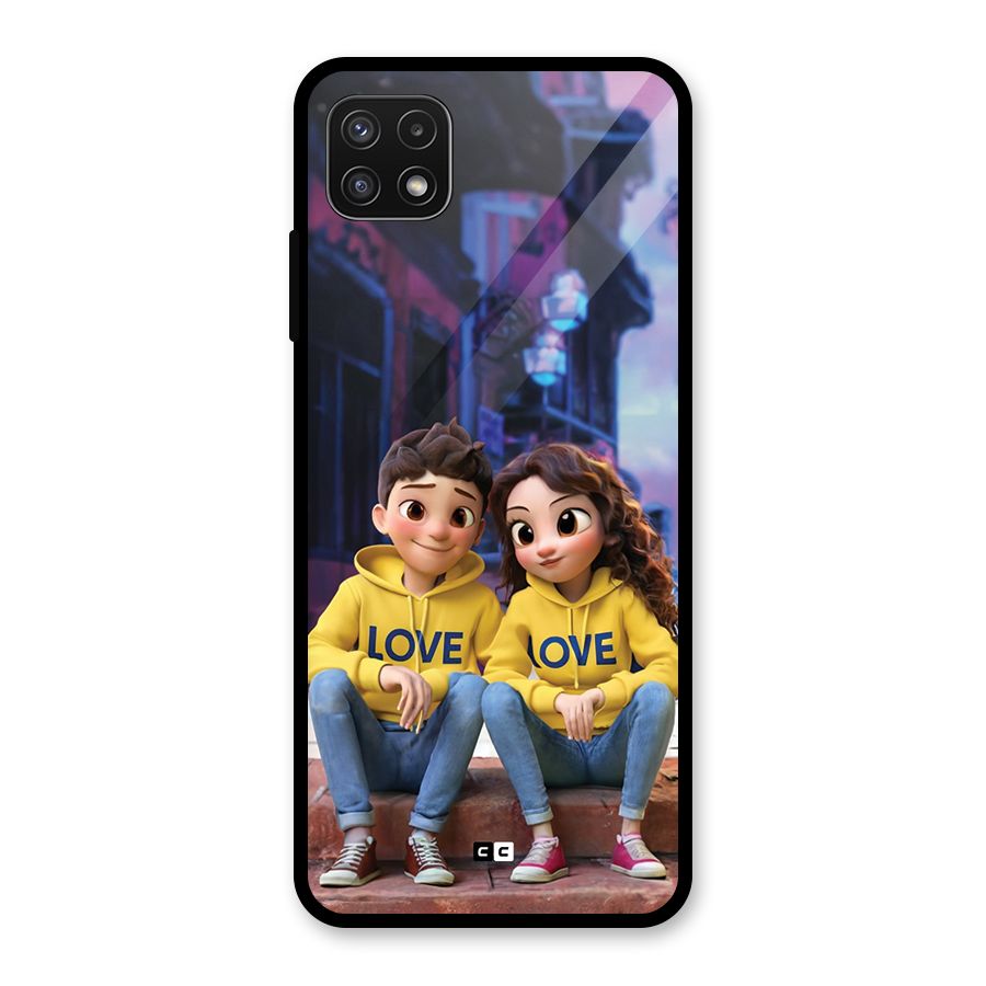 Cute Couple Sitting Glass Back Case for Galaxy A22 5G