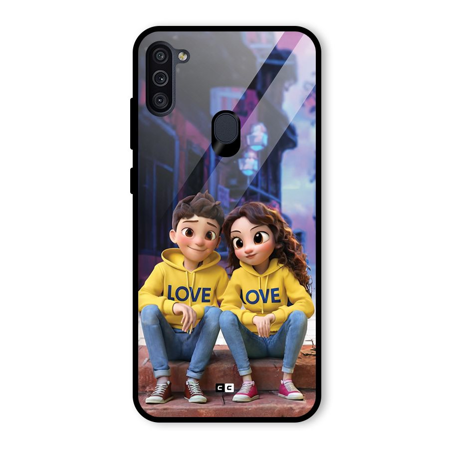 Cute Couple Sitting Glass Back Case for Galaxy M11
