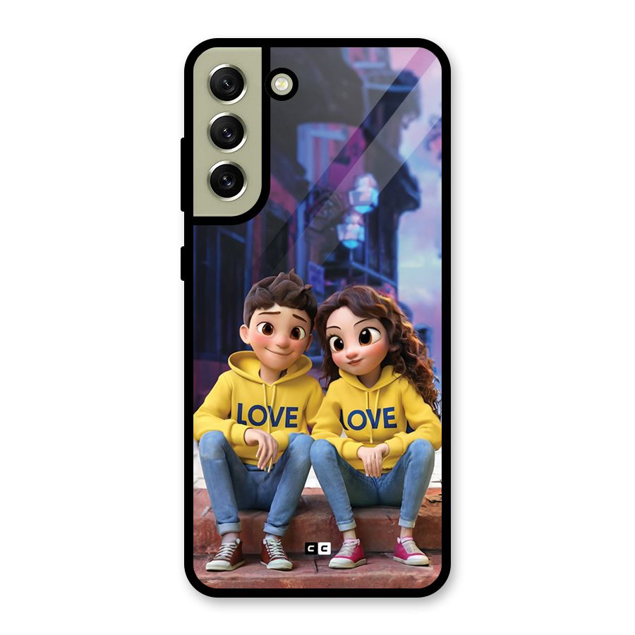 Cute Couple Sitting Glass Back Case for Galaxy S21 FE 5G
