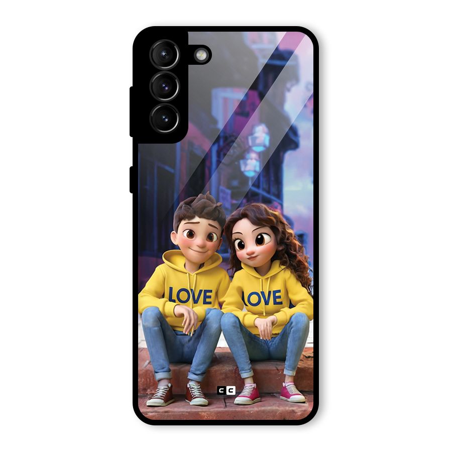 Cute Couple Sitting Glass Back Case for Galaxy S21 Plus