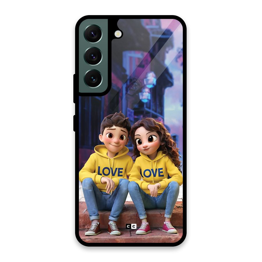 Cute Couple Sitting Glass Back Case for Galaxy S22 5G