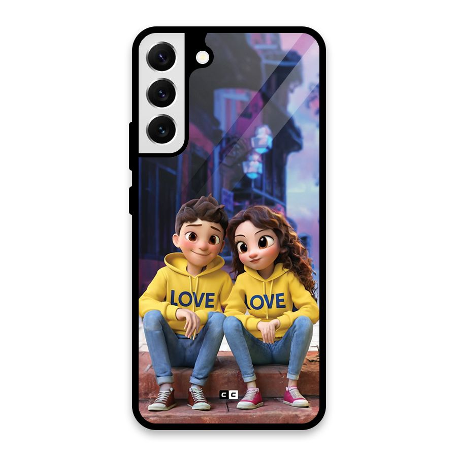 Cute Couple Sitting Glass Back Case for Galaxy S22 Plus 5G