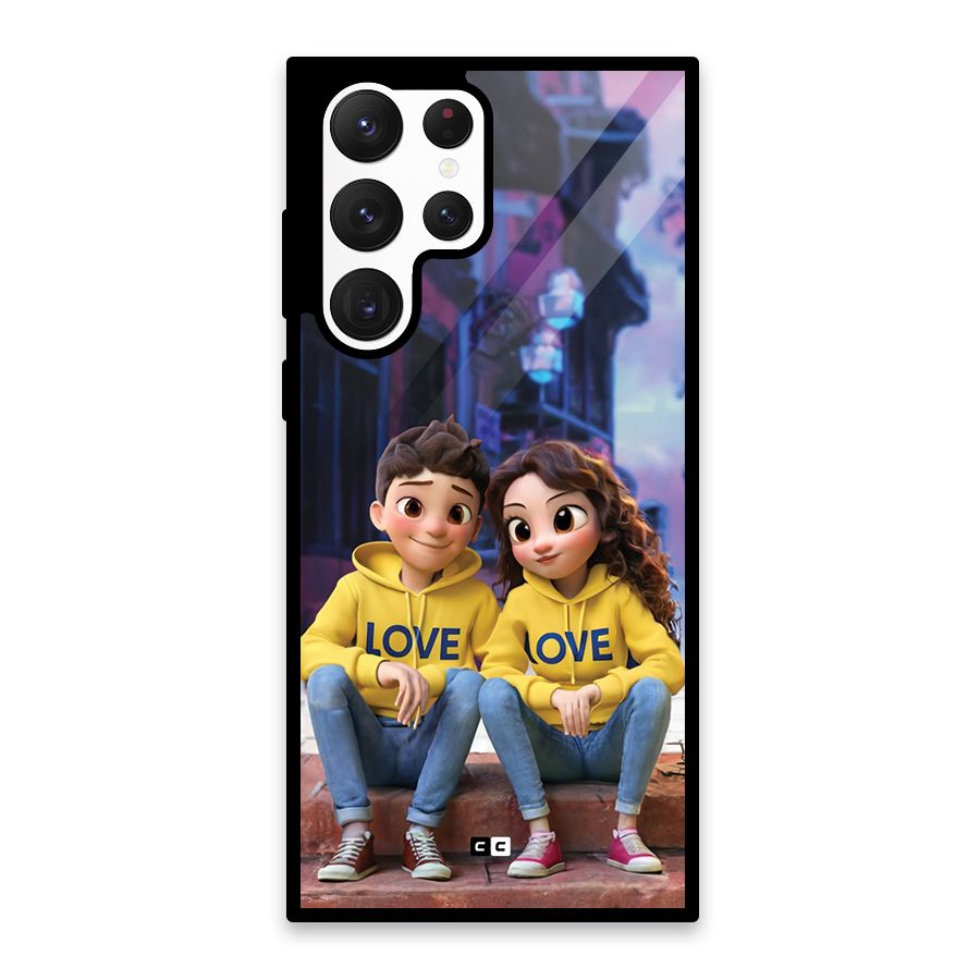 Cute Couple Sitting Glass Back Case for Galaxy S22 Ultra 5G