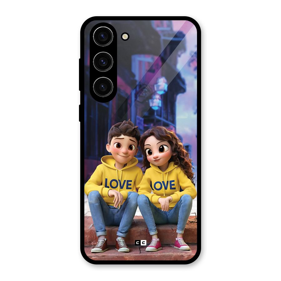 Cute Couple Sitting Glass Back Case for Galaxy S23 Plus