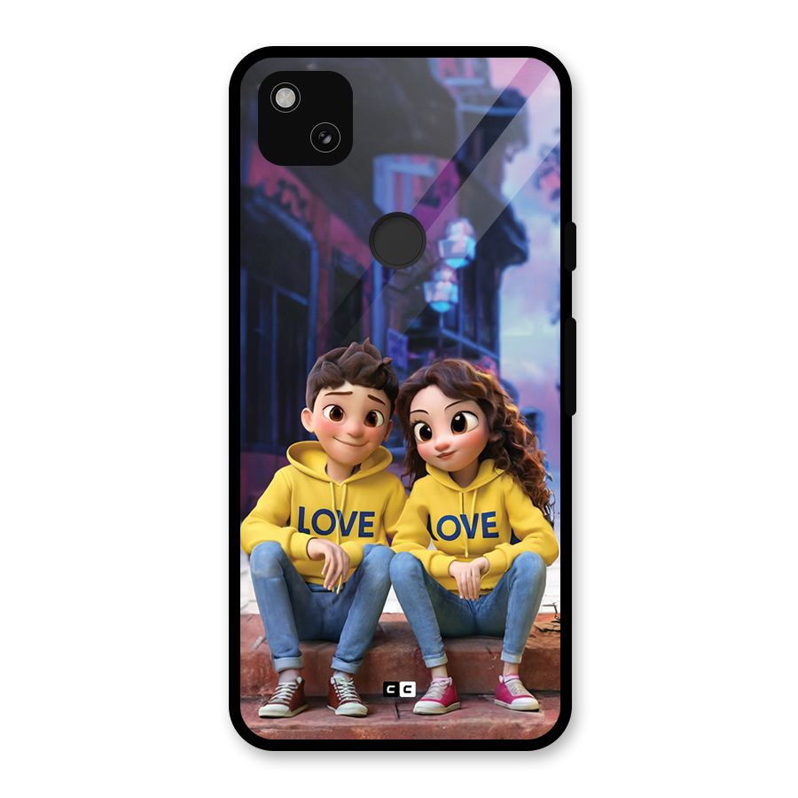 Cute Couple Sitting Glass Back Case for Google Pixel 4a