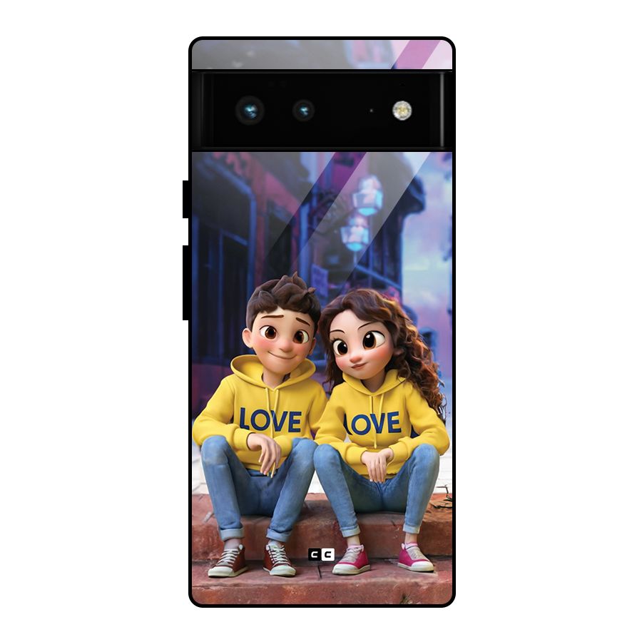Cute Couple Sitting Glass Back Case for Google Pixel 6