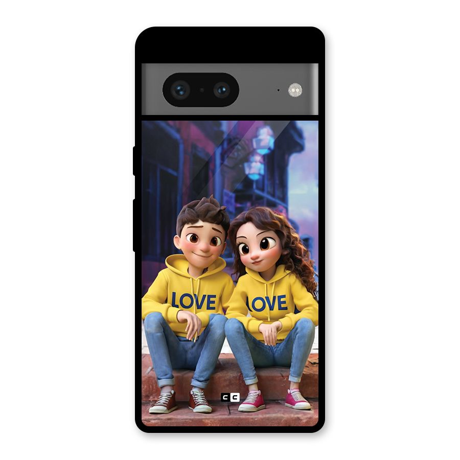 Cute Couple Sitting Glass Back Case for Google Pixel 7