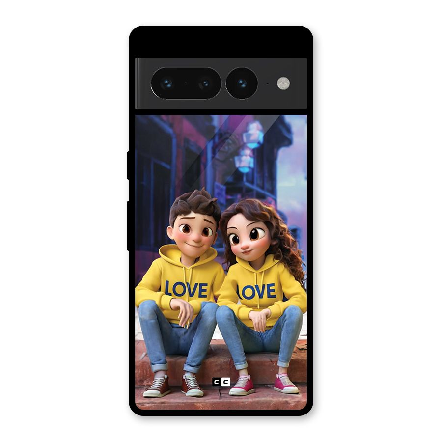 Cute Couple Sitting Glass Back Case for Google Pixel 7 Pro