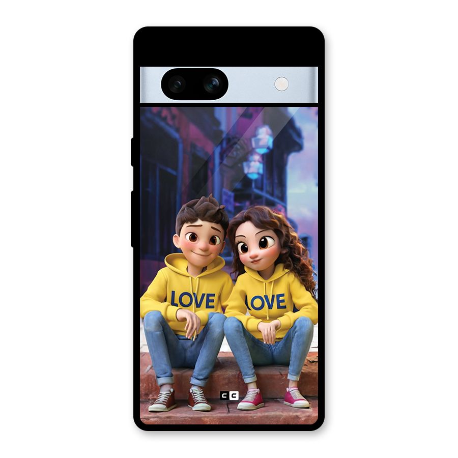 Cute Couple Sitting Glass Back Case for Google Pixel 7a